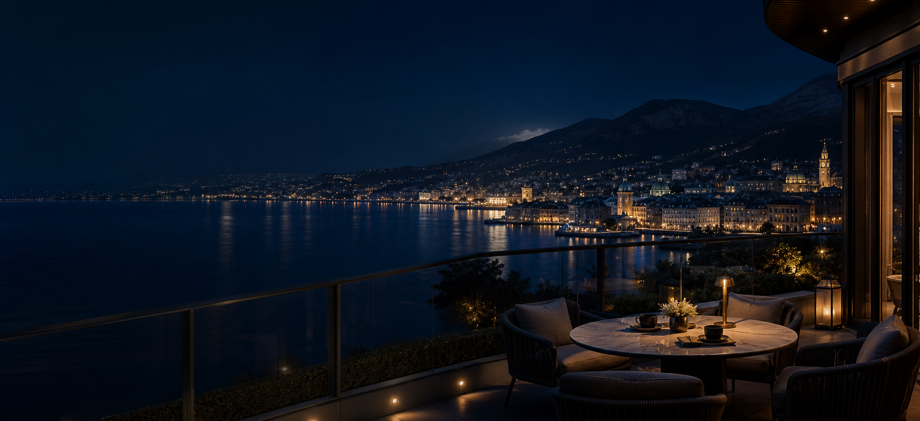Elegant European city terrace at night with discreet hospitality atmosphere