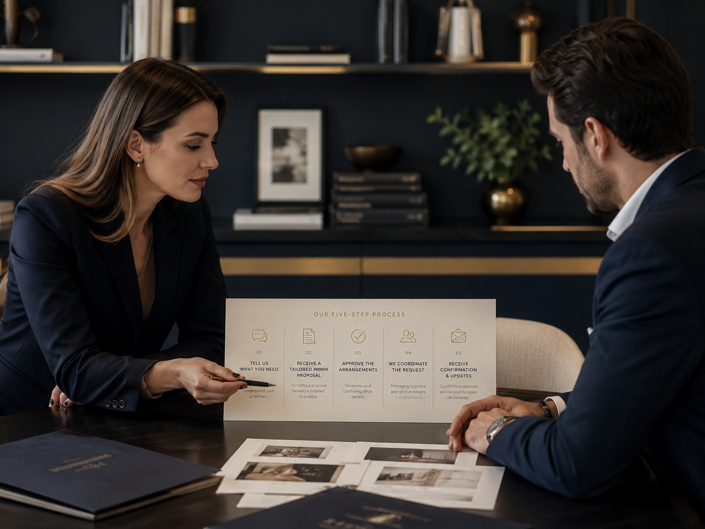 Premium consultation scene with documents, proposal materials and a structured five-step coordination process