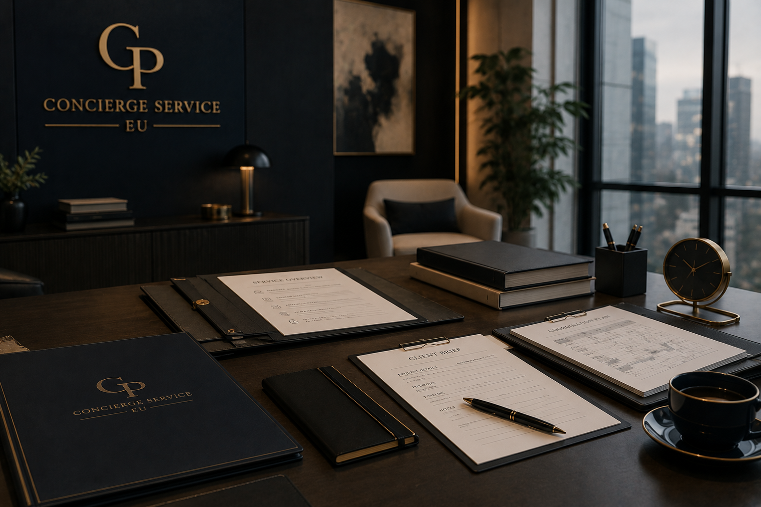 Premium GP Concierge Service EU office desk with client brief, service overview and coordination documents