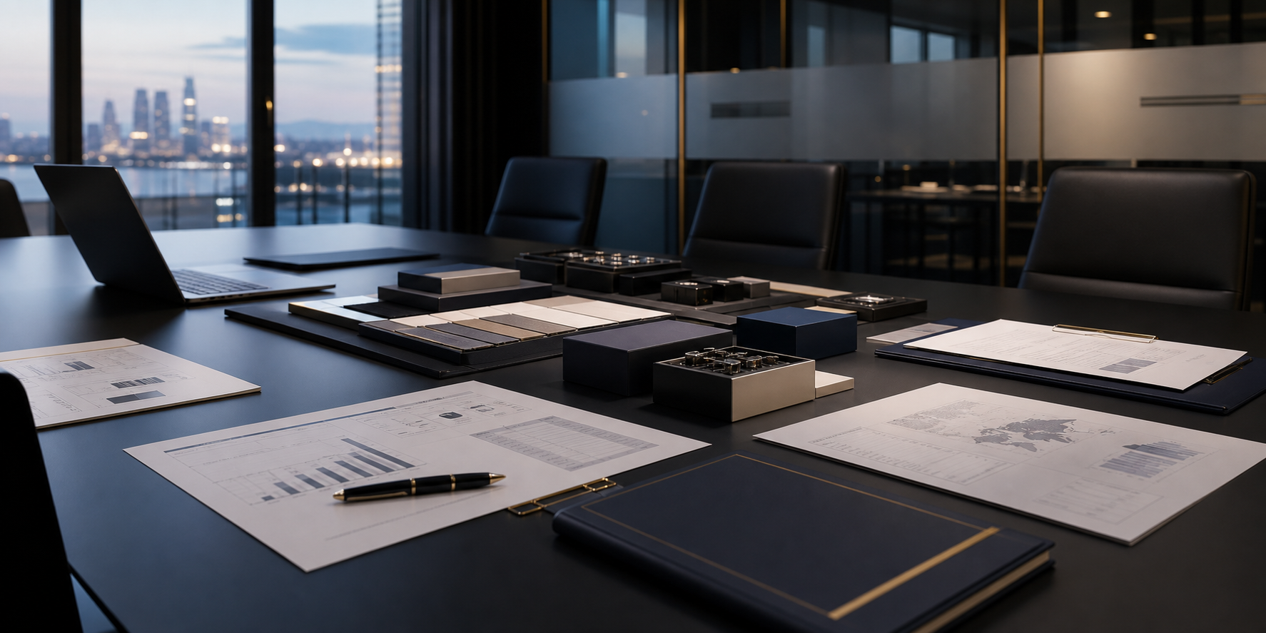 Corporate procurement desk with documents and organized business materials